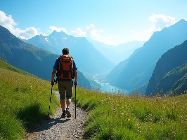 Wanderer auf einem Bergpfad mit Alpenpanorama und blauem Himmel