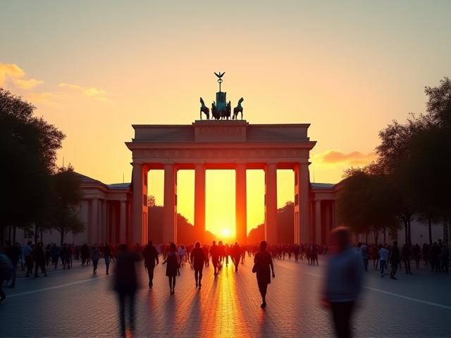Berliner Stadtpanorama mit Brandenburger Tor bei Sonnenuntergang