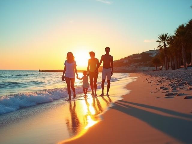 Familie am Strand auf Kreta mit blauem Himmel und Sonnenuntergang